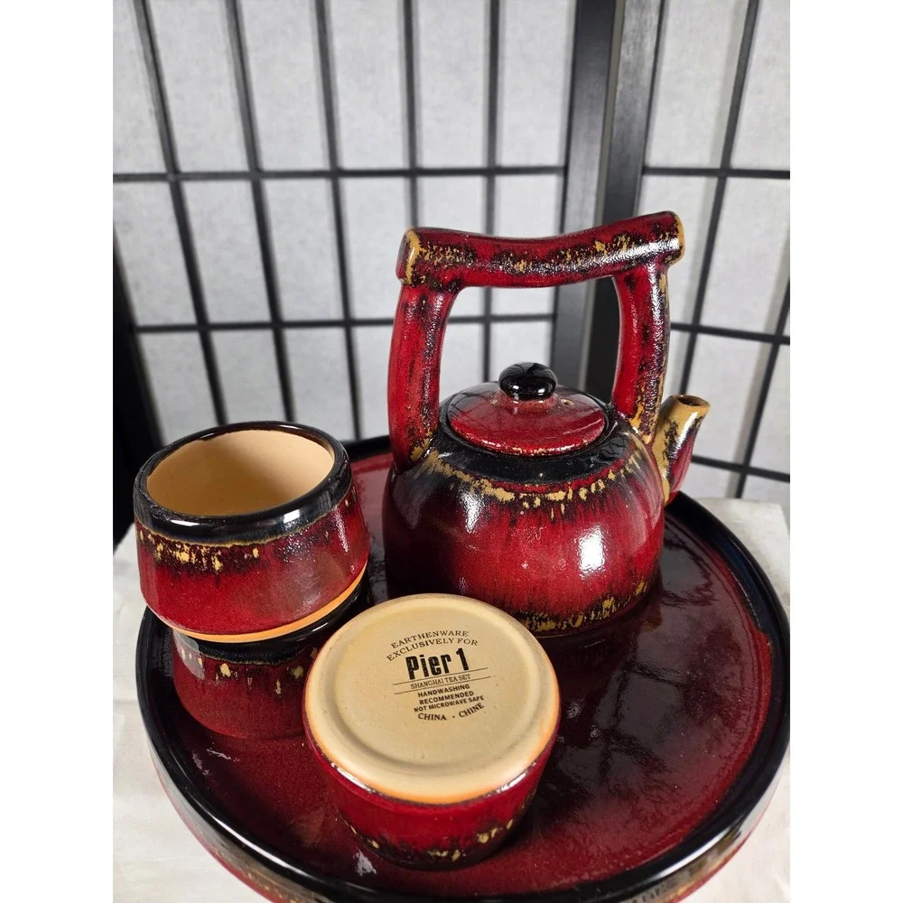 Pier 1 Shanghai Tea Set Red Black Reactive Glaze Earthenware 5 Piece Set